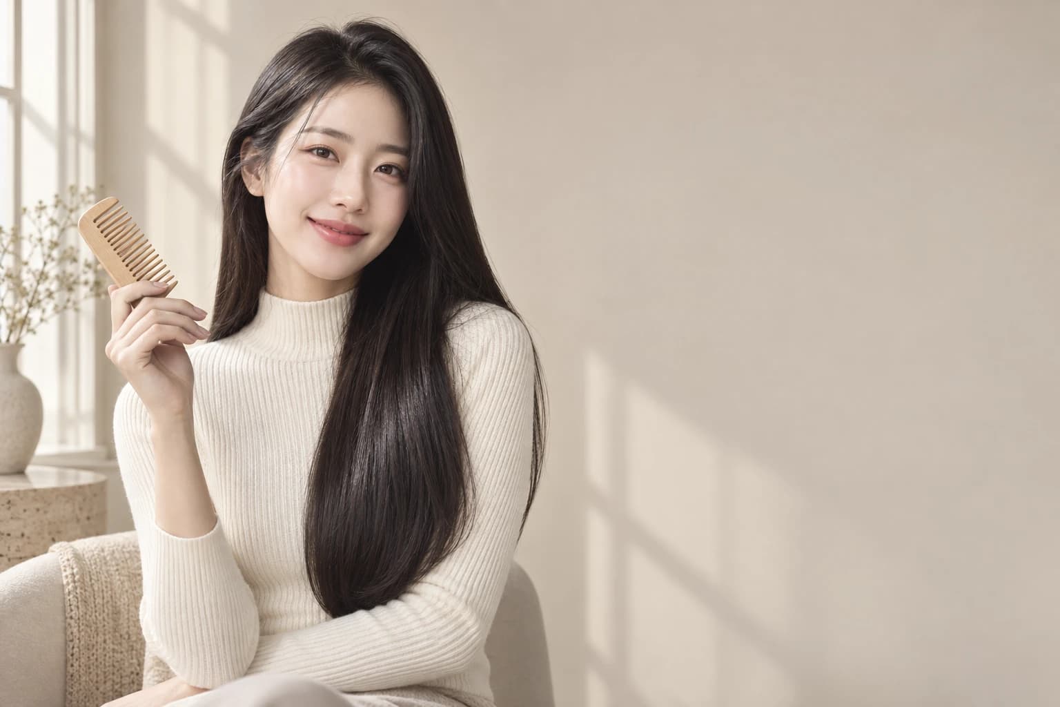 Modelo coreana fictícia em campanha de cuidados com o cabelo