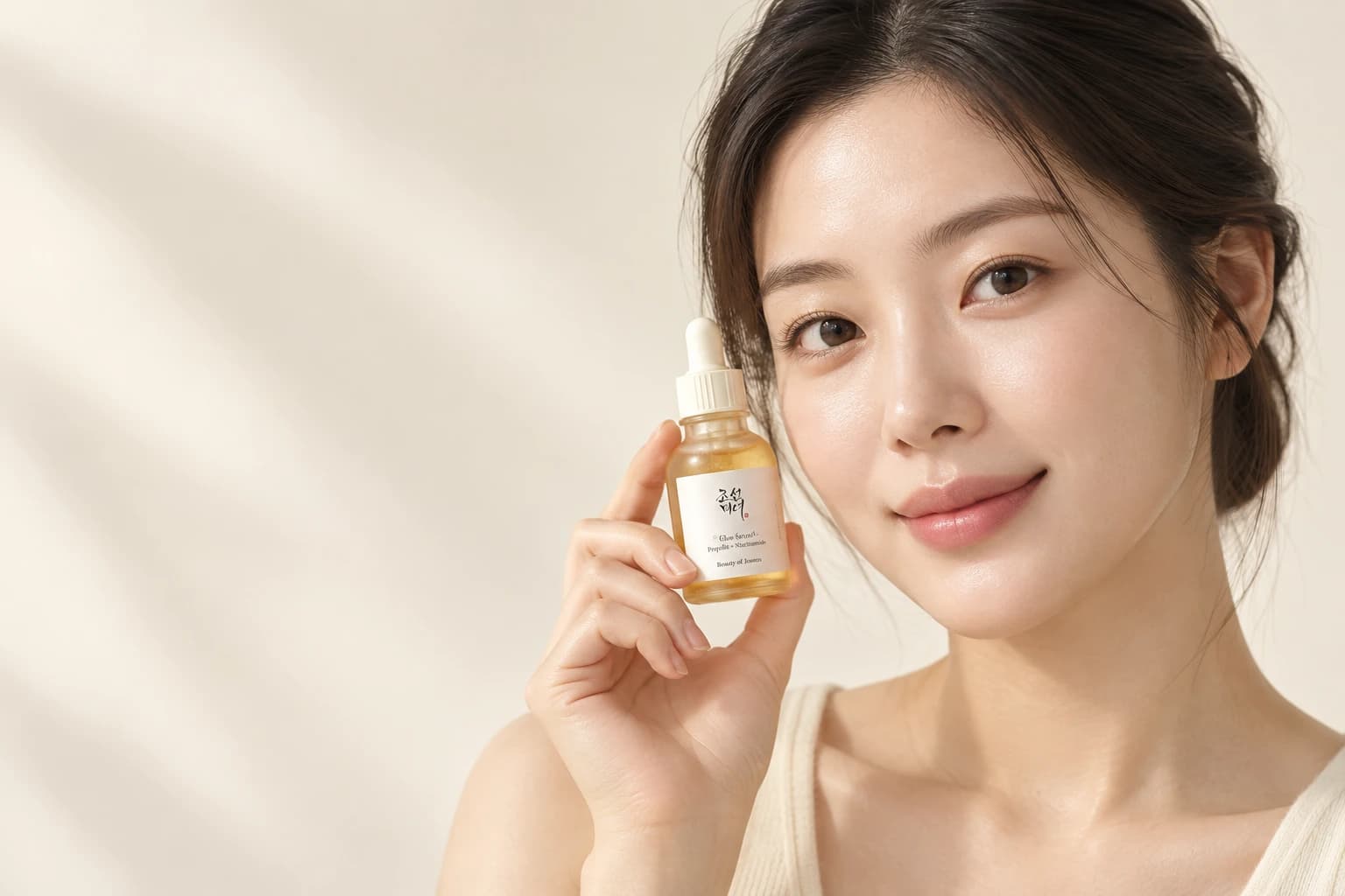 Modelo coreana fictícia apresentando o Glow Serum Beauty of Joseon