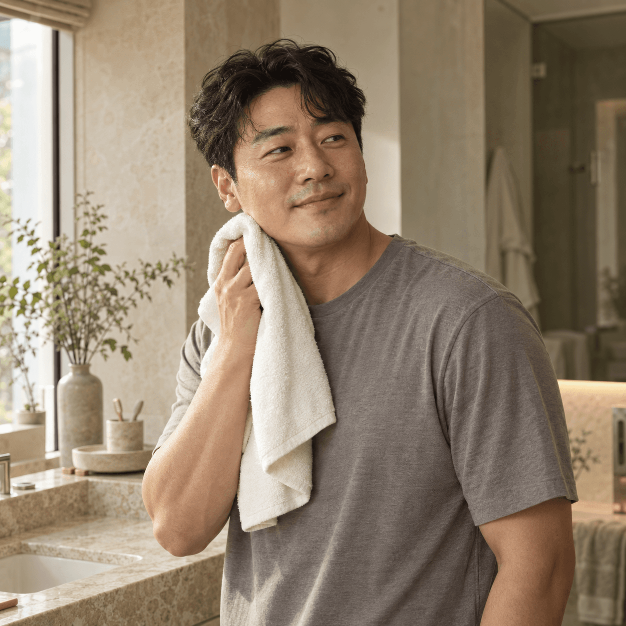 Modelo coreano fictício em um momento de limpeza facial