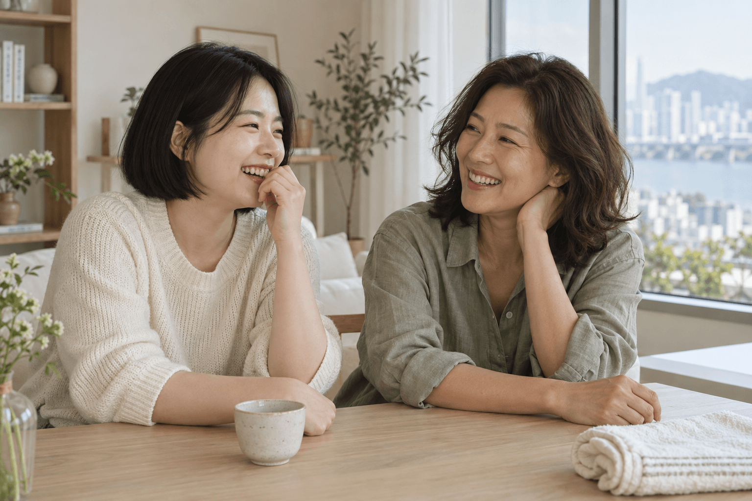 Duas amigas coreanas fictícias compartilhando um momento de cuidado