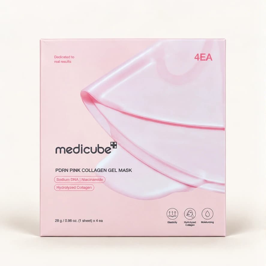 Medicube PDRN Pink Collagen Gel Mask — 4 unidades de 28 g — imagem ilustrativa do produto gerada a partir da embalagem real.