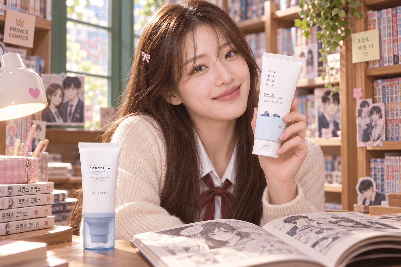 Modelo coreana adulta fictícia em uma loja de quadrinhos, apresentando Round Lab Dokdo Cleanser, com SKIN1004 Hyalu-Cica Sun Serum sobre a mesa; inspiração editorial em Beleza Verdadeira