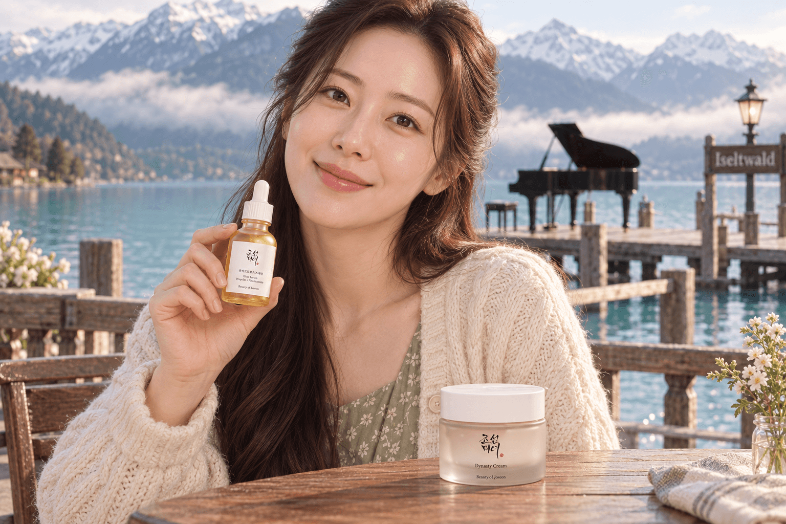 Campanha conceitual Tamly com modelo coreana fictícia, Glow Serum e Dynasty Cream Beauty of Joseon