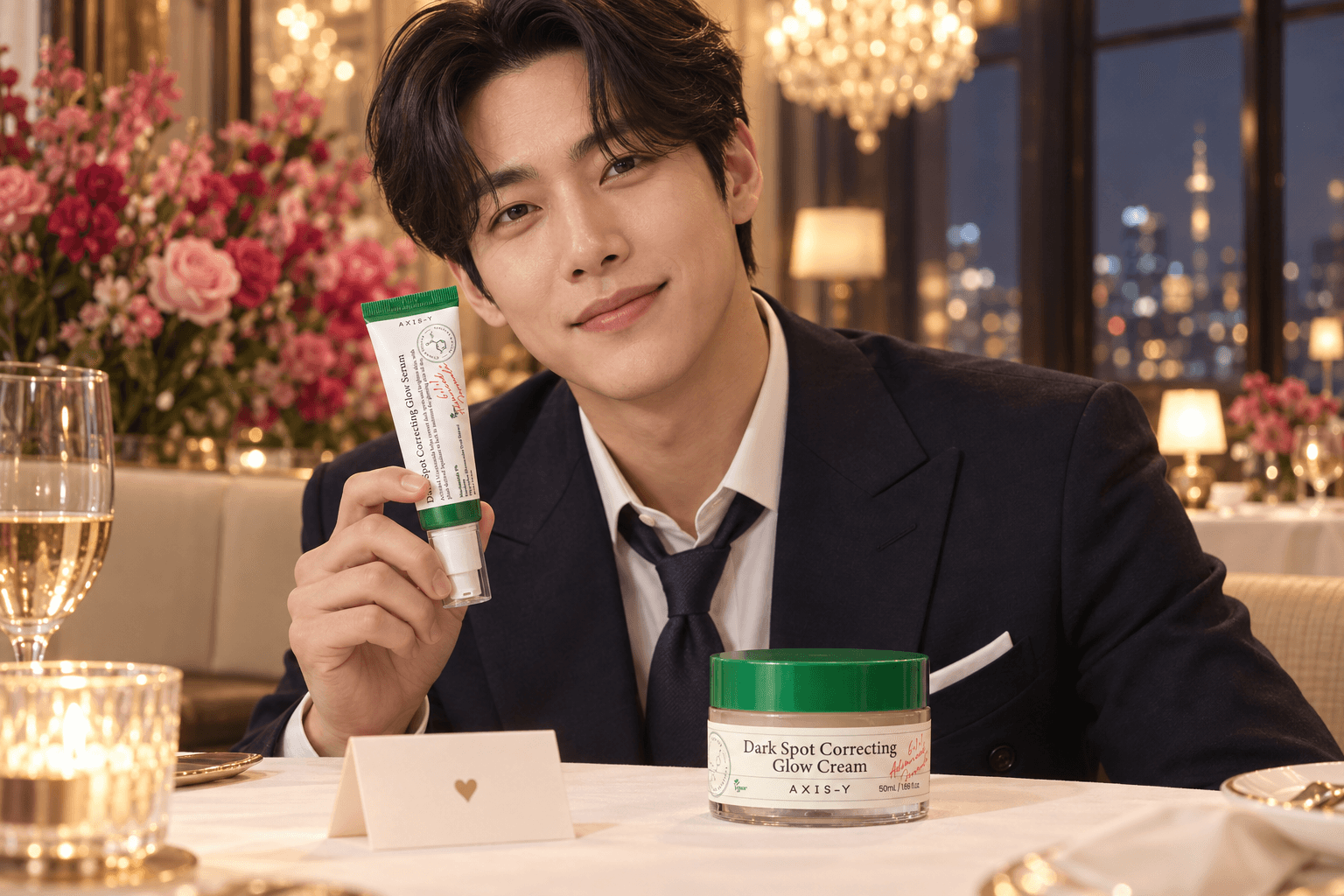 Campanha conceitual Tamly com modelo coreano fictício apresentando sérum e creme Dark Spot Correcting Glow da AXIS-Y