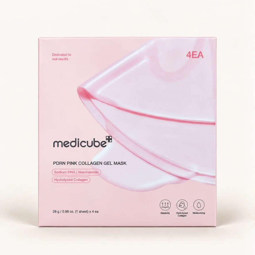 Medicube PDRN Pink Collagen Gel Mask — 4 unidades de 28 g — imagem ilustrativa do produto gerada a partir da embalagem real.