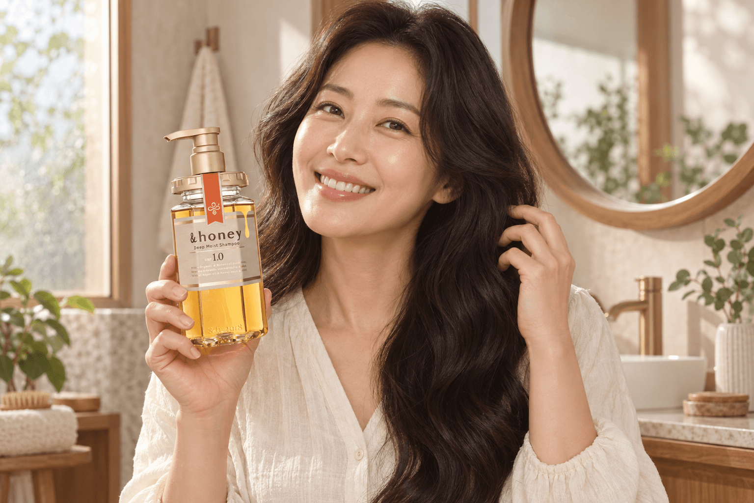 Modelo coreana adulta fictícia apresentando o shampoo japonês &honey Deep Moist 1.0