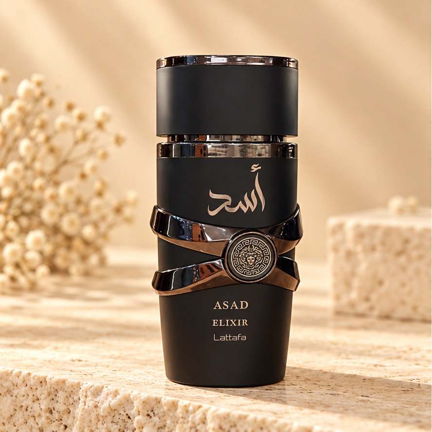 Lattafa Asad Elixir — imagem profissional ilustrativa do produto.